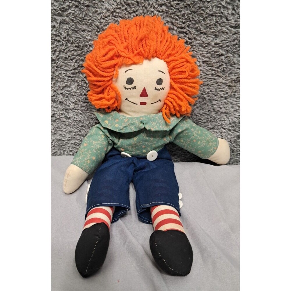 Vintage Raggedy Andy Doll 15” Tall Orange Hair Black Eyes Collectible